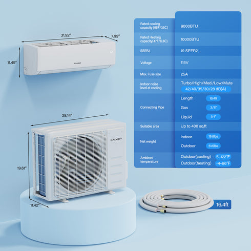KALVAIR 9000 BTU 20 SEER2 115V Mini Split AC with Heat Pump & 16Ft Kit