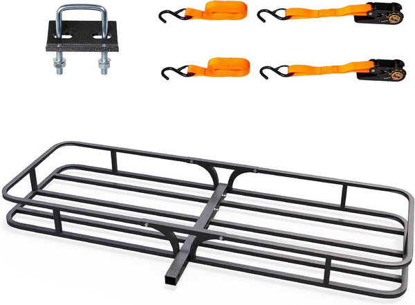 TUFFIOM Hitch Mount Cargo Carrier Basket, 500lbs Steel Car Cargo Trailer Hitch Luggage Rack with Straps & Stabilizer for SUV Car Truck Van with 2" Hitch Receiver