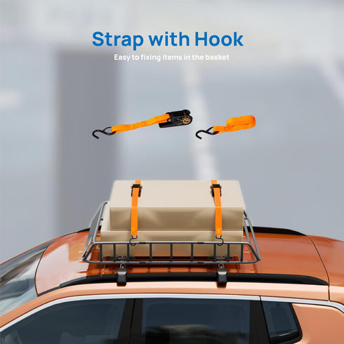 TUFFIOM Universal Rooftop Cargo Carrier Basket, Heavy Duty Steel Roof Rack Basket w/4 Straps with Hook, Car Top Rack Luggage Holder Carrier for SUV Car Truck Van