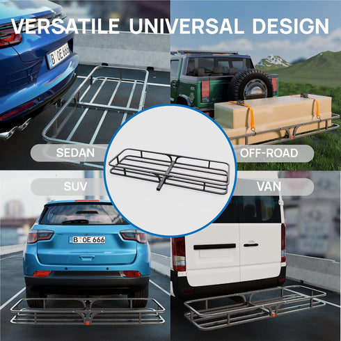 TUFFIOM Hitch Mount Cargo Carrier Basket, 500lbs Steel Car Cargo Trailer Hitch Luggage Rack with Straps & Stabilizer for SUV Car Truck Van with 2" Hitch Receiver
