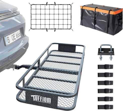 TUFFIOM Hitch Mount Cargo Carrier Basket, 500lbs Steel Car Cargo Trailer Hitch Luggage Rack with Straps & Stabilizer for SUV Car Truck Van with 2" Hitch Receiver