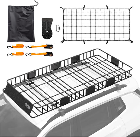 TUFFIOM Universal Rooftop Cargo Carrier Basket, Heavy Duty Steel Roof Rack Basket w/4 Straps with Hook, Car Top Rack Luggage Holder Carrier for SUV Car Truck Van