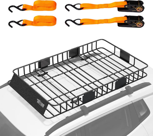 TUFFIOM Universal Rooftop Cargo Carrier Basket, Heavy Duty Steel Roof Rack Basket w/4 Straps with Hook, Car Top Rack Luggage Holder Carrier for SUV Car Truck Van