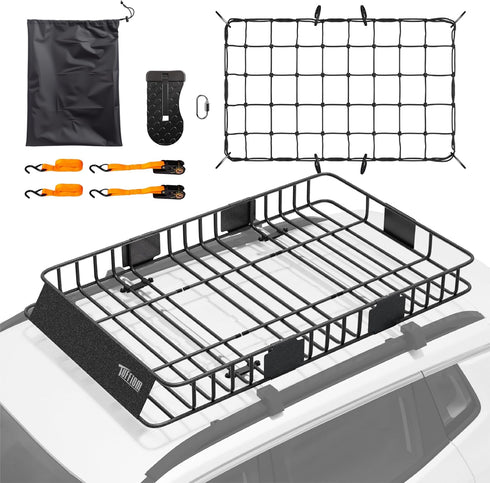 TUFFIOM Universal Rooftop Cargo Carrier Basket, Heavy Duty Steel Roof Rack Basket w/4 Straps with Hook, Car Top Rack Luggage Holder Carrier for SUV Car Truck Van