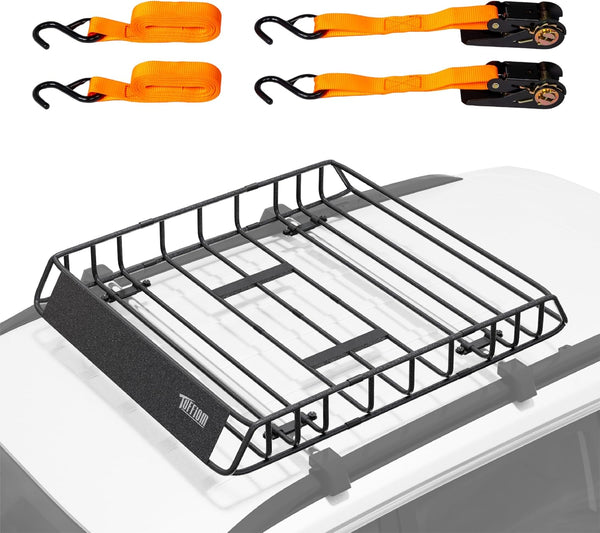 TUFFIOM Universal Rooftop Cargo Carrier Basket, Heavy Duty Steel Roof Rack Basket w/4 Straps with Hook, Car Top Rack Luggage Holder Carrier for SUV Car Truck Van