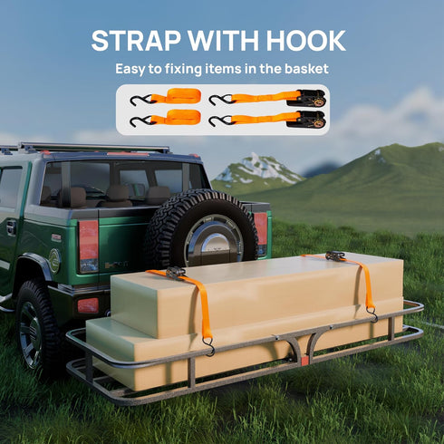 TUFFIOM Hitch Mount Cargo Carrier Basket, 500lbs Steel Car Cargo Trailer Hitch Luggage Rack with Straps & Stabilizer for SUV Car Truck Van with 2" Hitch Receiver