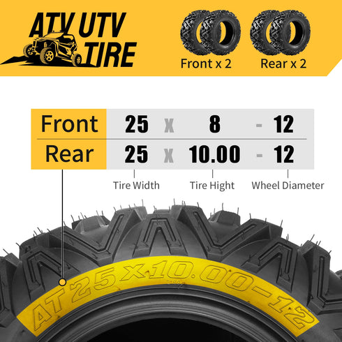 TUFFIOM Set of 4 25x8-12 Front & 25x10-12 Rear /6PR ATV UTV All-terrain Tires