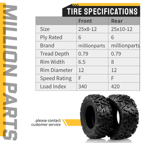 TUFFIOM Set of 4 25x8-12 Front & 25x10-12 Rear /6PR ATV UTV All-terrain Tires