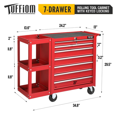 TUFFIOM 7-Drawer Rolling Tool Chest with Side Shelves Wheels
