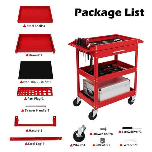 TUFFIOM 330 LBS 3-Tier Rolling Tool Cart With Drawer