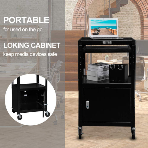 TUFFIOM AV Cart Rolling Storage Stand with Locking Cabinet Keyboard Shelf