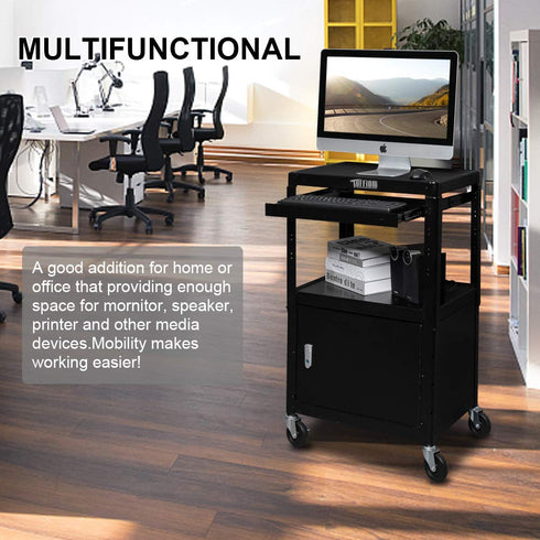 TUFFIOM AV Cart Rolling Storage Stand with Locking Cabinet Keyboard Shelf