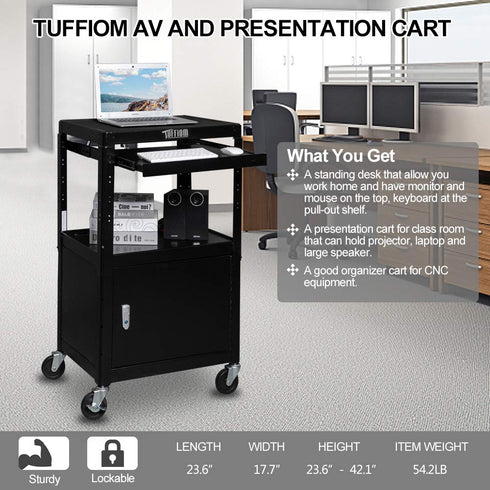 TUFFIOM AV Cart Rolling Storage Stand with Locking Cabinet Keyboard Shelf